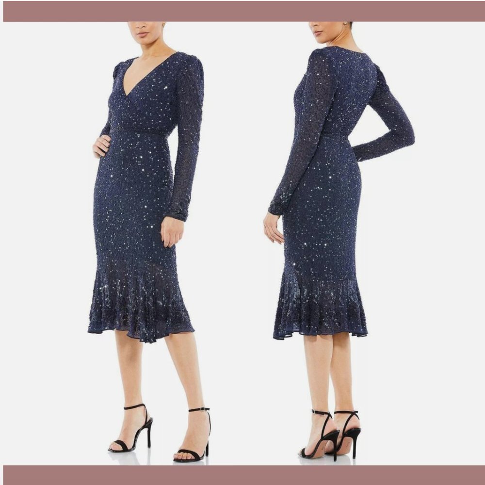 NEW $498 Mac Duggal Sequin Dress Embellished Hemline Midnight [ 16 ]‎ #Q459